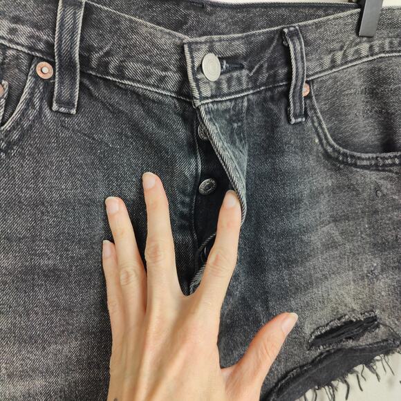 Levis 501 Original Shorts Womens 29 Trashed Black Distressed Cut Offs Button Fly - Picture 2 of 9